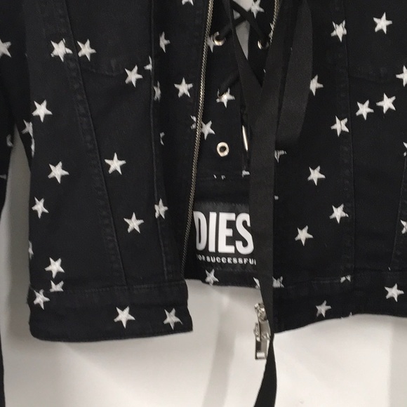 Diesel  Black Denim  Jachet, Embroidery White Stars  skull  open laced back - Picture 11 of 16